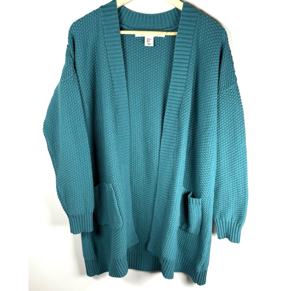 Max Studio Knit Cardigan Sweater Womens Size XL  Teal Boho Hippie Duster Pockets